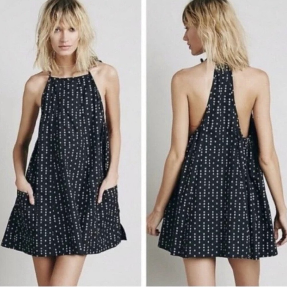 Free People Everlong Trapeze Cotton Mini Dress Smock in Black Combo Size M